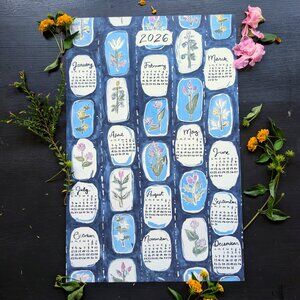 Botanical Indigo Watercolor Calendar 2026: Blue Floral Art Print